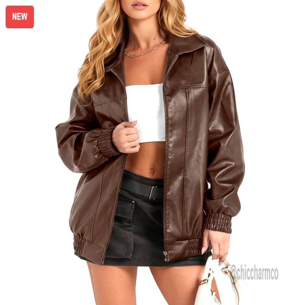 Oversized Faux Leather Jacket Zip Motorcycle Coat Trendy Street Style